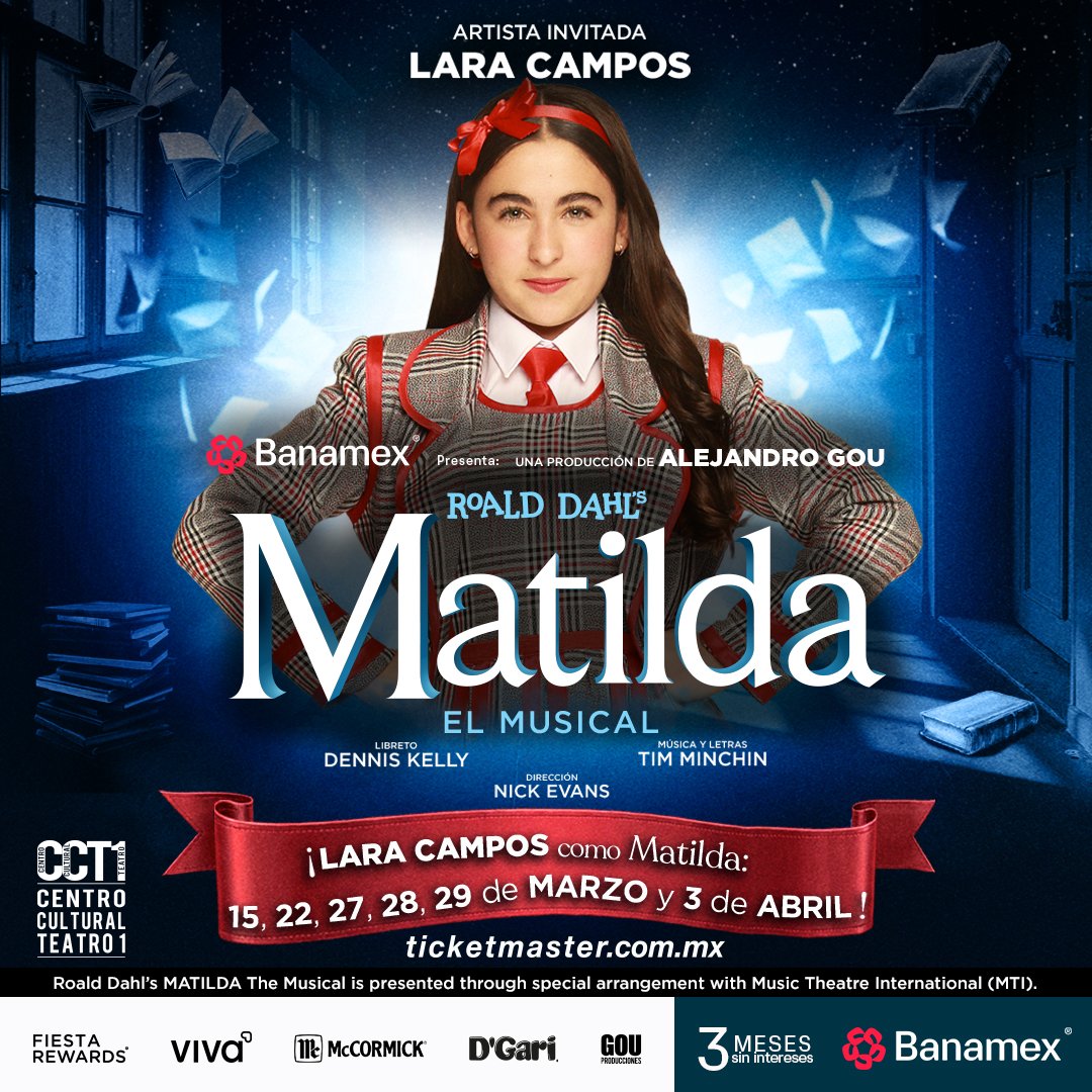 Lara Campos interpretando a Matilda en el musical producido por Alejandro Gou en el Centro Cultural Teatro 1 de Ciudad de México