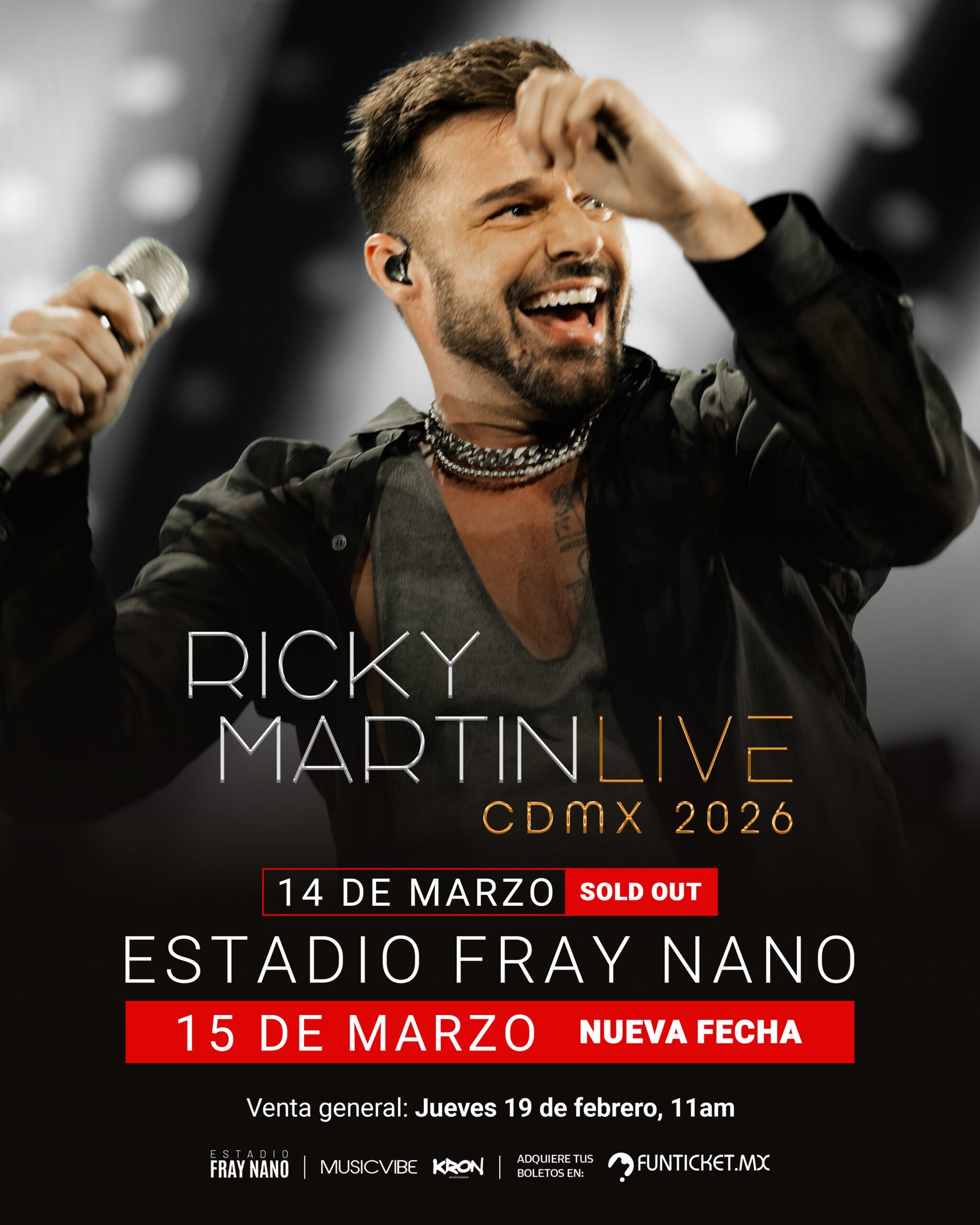 Ricky Martin en concierto durante su gira Live México 2026 en el Estadio Fray Nano de Ciudad de México