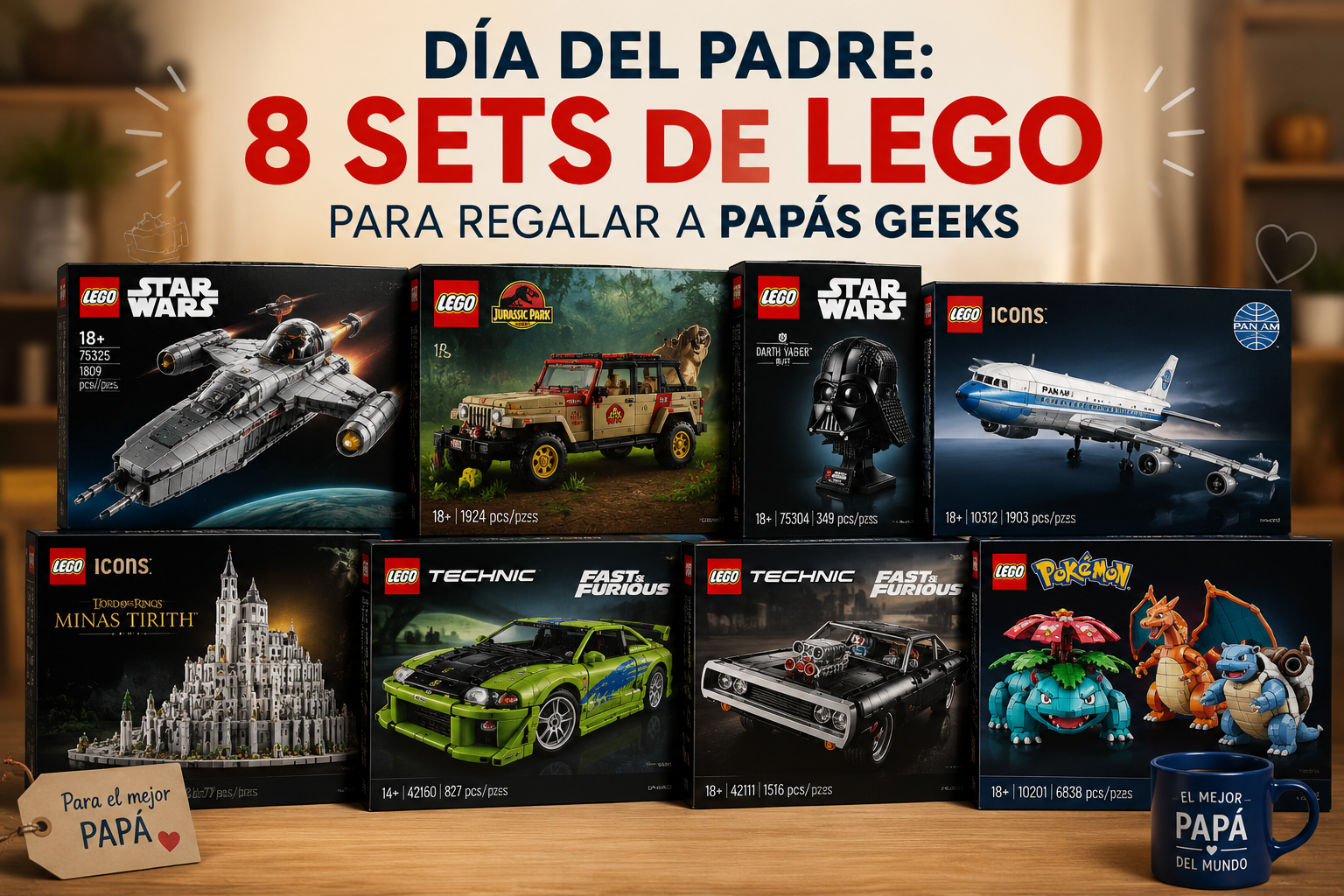 Colección de sets LEGO inspirados en Star Wars, Jurassic Park, Pokémon y Fast & Furious ideales para regalar en el Día del Padre.